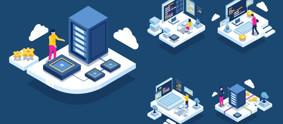 Authorities working in data center room hosting server computer, Provide information services for business, isometric concept vector illustration